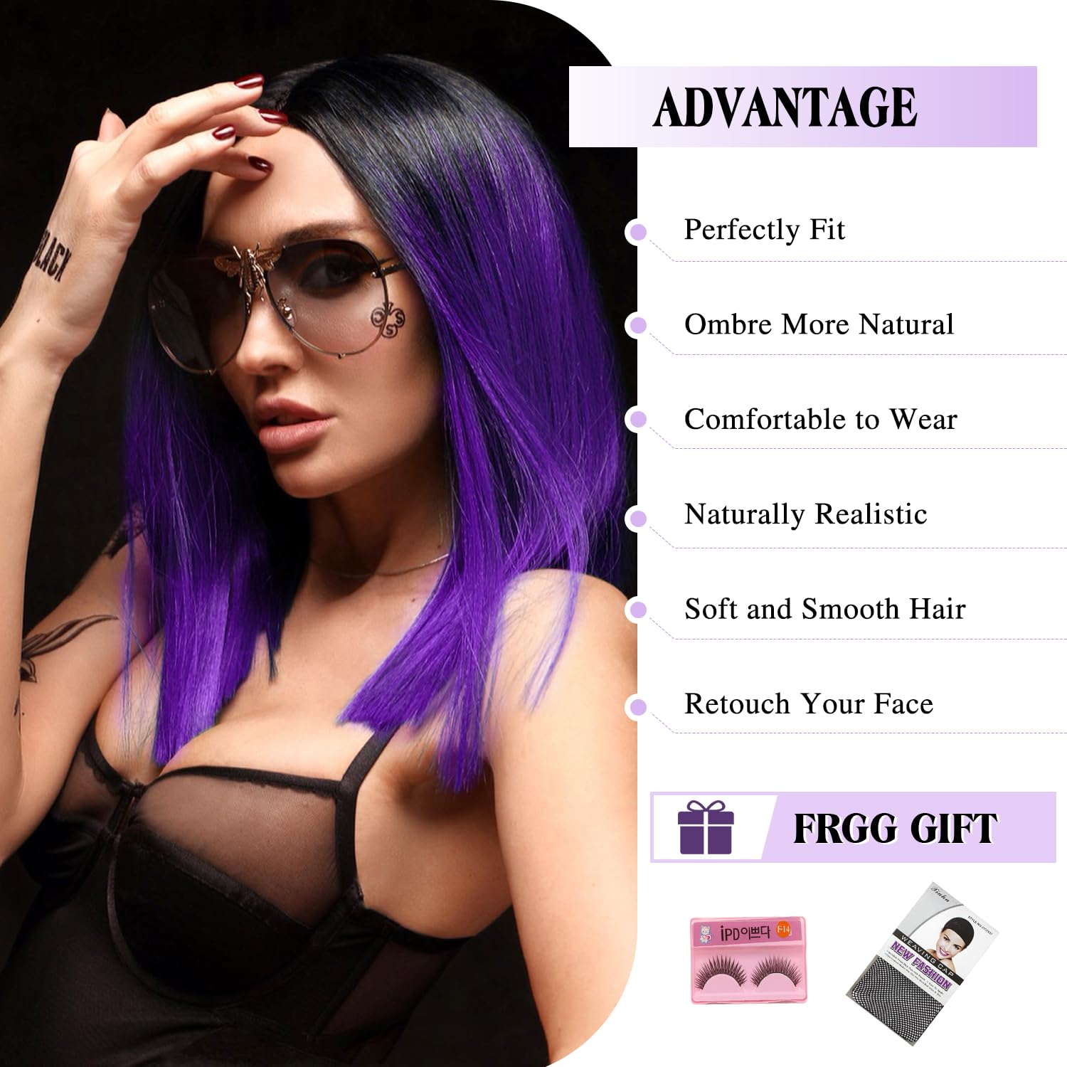 Fancy Hair Peluca de color morado corto y recto, parte media, longitud al hombro, raíces oscuras moradas, pelucas sintéticas naturales para mujeres,