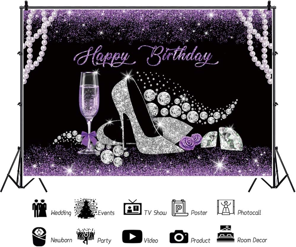 Baocicco Telón de fondo de feliz cumpleaños de 10 x 8 pies, zapatos de tacón alto con perlas y Diomand, para cumpleaños, baner, morado, purpurina,
