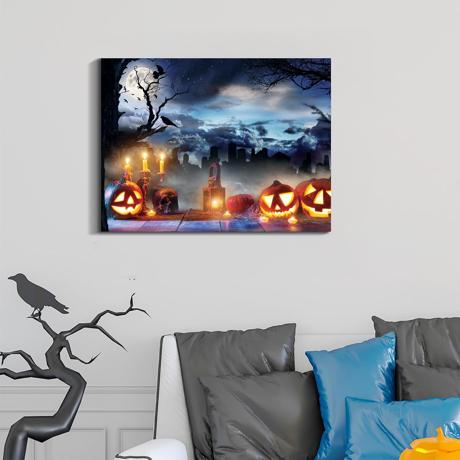 Denozer – Lienzo decorativo para pared con imágenes temáticas de Halloween, decoración de pared de calabaza iluminada, decoración de pared del hogar