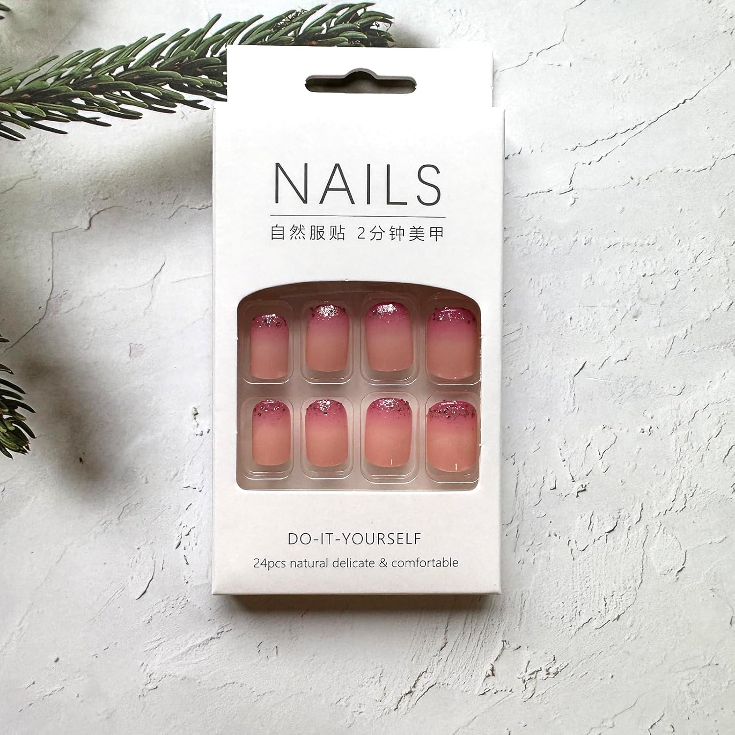 Uñas postizas cuadradas a presión, uñas postizas cortas de color rosa degradado, con diseño de purpurina rosa, lindo cobertura completa, uñas