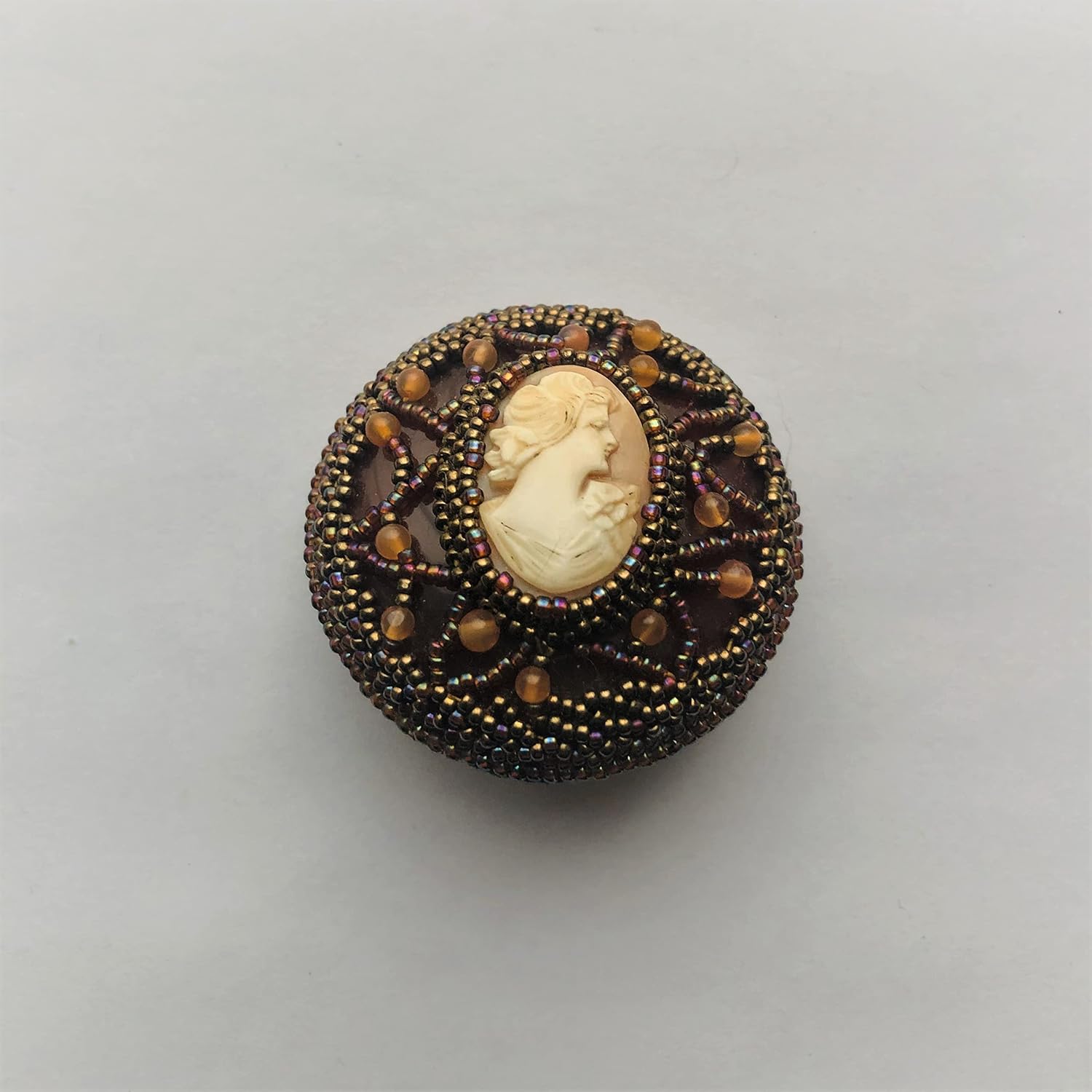 Victorian Genuine Cameo Brooch Embroidered OOAK Beadwoven Coffee Mocha Bronze Ladies of Style Gift