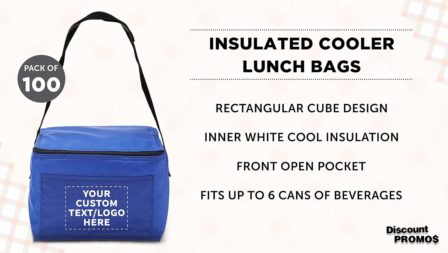 DISCOUNT PROMOS Juego de 100 bolsas de almuerzo pequeñas personalizadas, paquete a granel personalizado, aisladas, se adapta a 6 latas, perfectas
