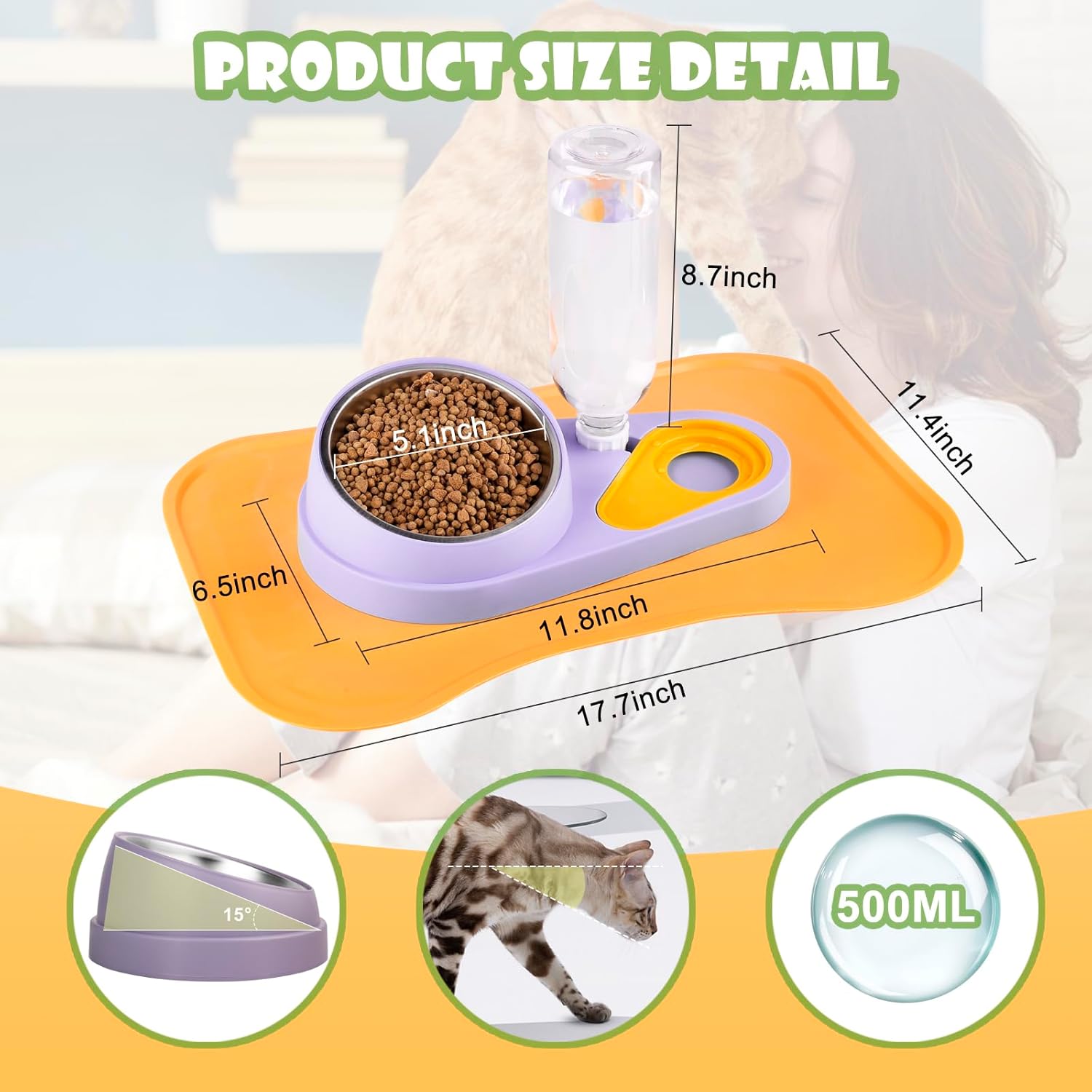 Juego de alimentador de alimentos y dispensador de agua para mascotas, cuencos elevados 2 en 1 con tapete impermeable para alimentación, dispensador