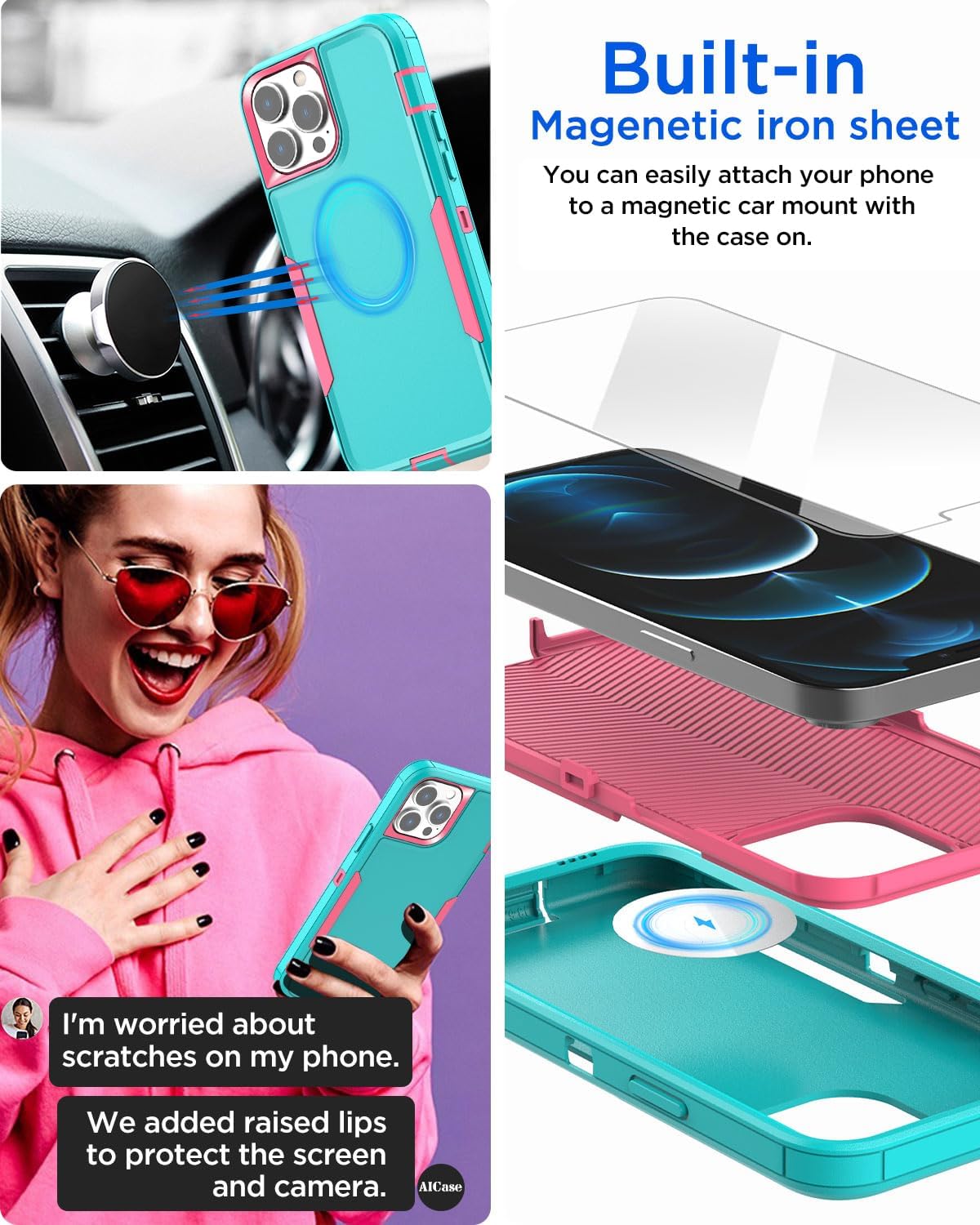 AICase Funda para iPhone 1212 Pro, soporte magnético para automóvil, resistente de 2 capas, duradero, protección de grado militar, a prueba de