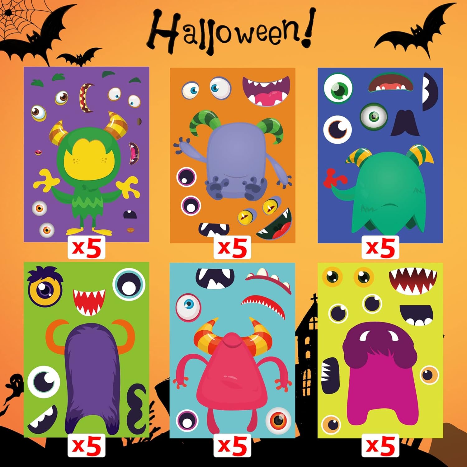 Funnlot Calcomanías de Halloween para niños, juegos de fiesta de Halloween, calcomanías para niños, calcomanías de monstruo, 30 unidades,