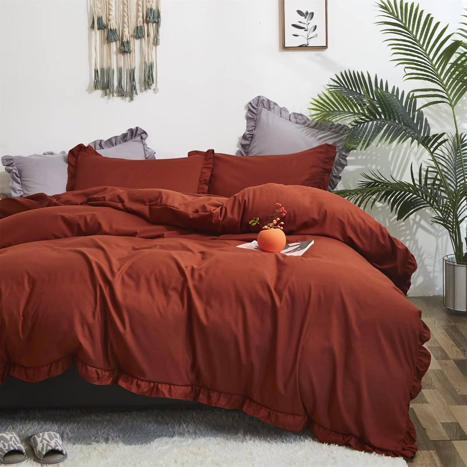 Houseri Juego de edredón de color naranja quemado con volantes, tamaño King, ropa de cama bohemia de color óxido, color naranja caramelo, terracota