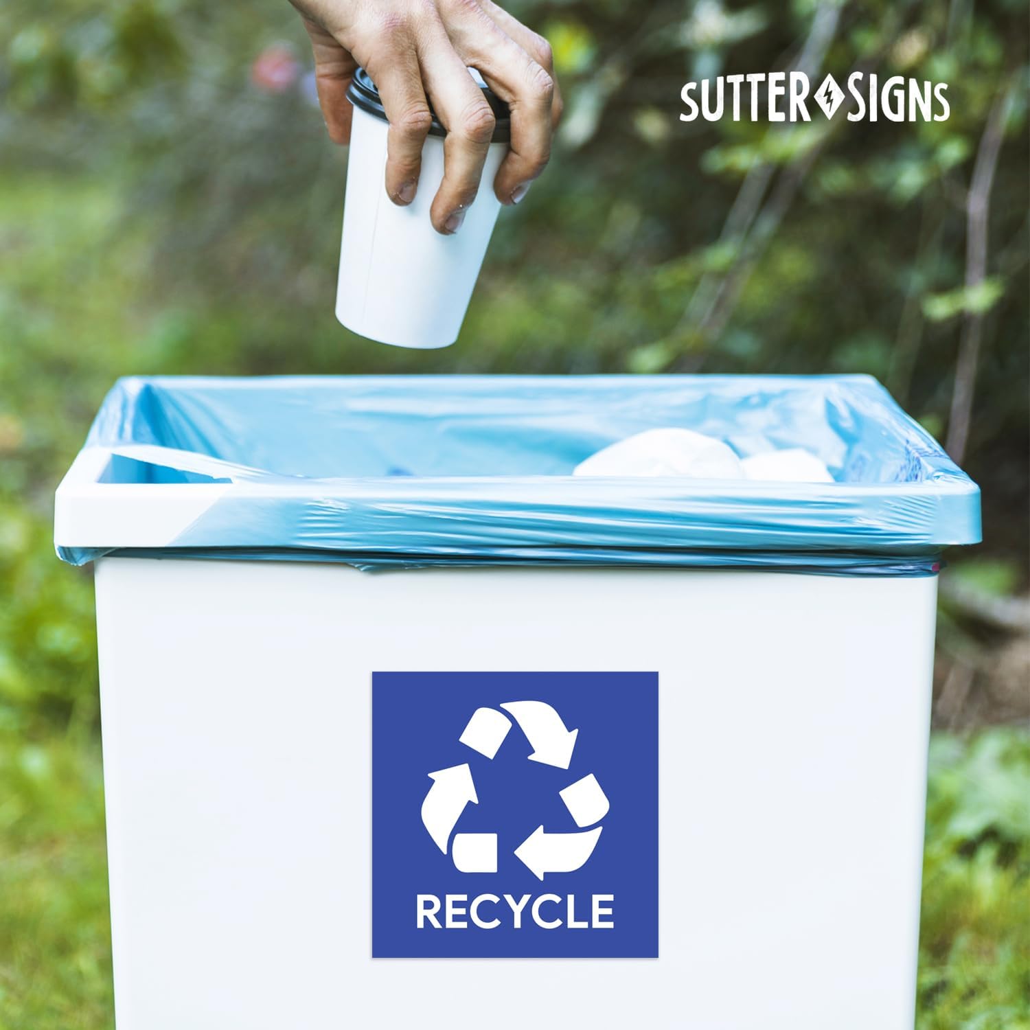 Calcomanías de reciclaje y basura, autoadhesivas de vinilo resistentes a la intemperie, negroazul, cuadrado de 5 pulgadas (paquete de 4)