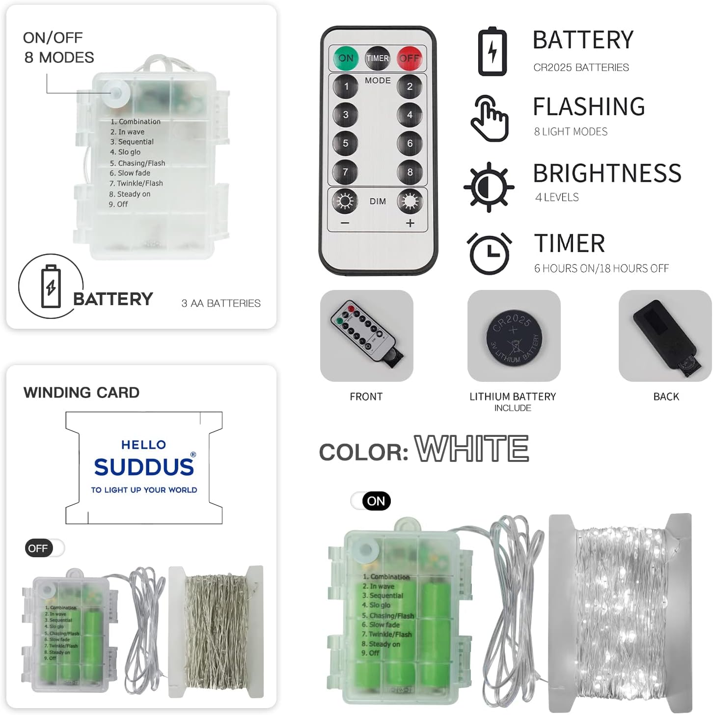 suddus Guirnalda de 200 luces LED para exteriores de 66 pies, funciona con pilas, con control remoto, luces LED parpadeantes para dormitorio,