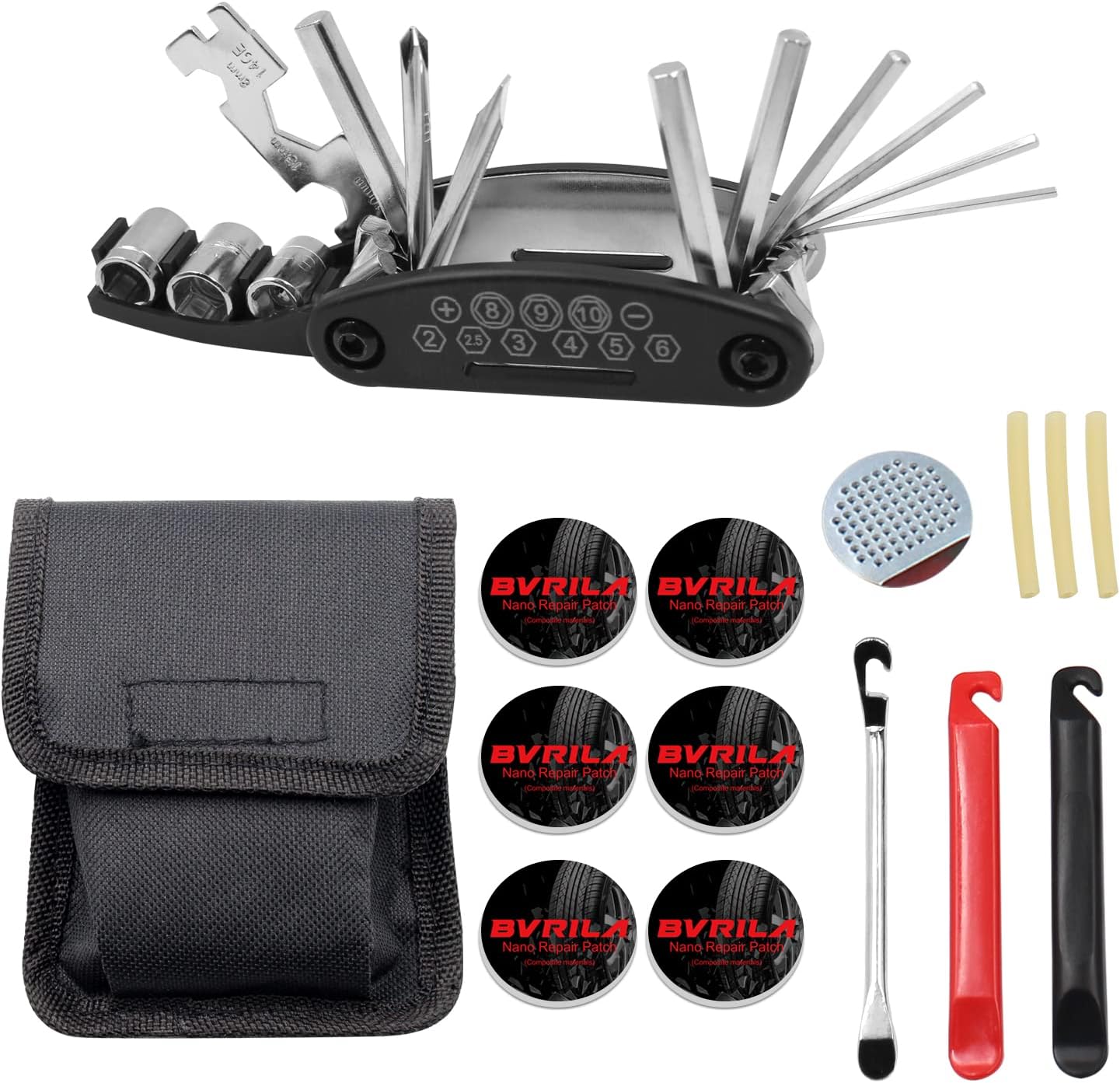 Kit de herramientas de reparación de bicicletas, multiherramienta 16 en 1 y kit de parche de tubo de bicicleta, palanca de neumáticos y bolsa