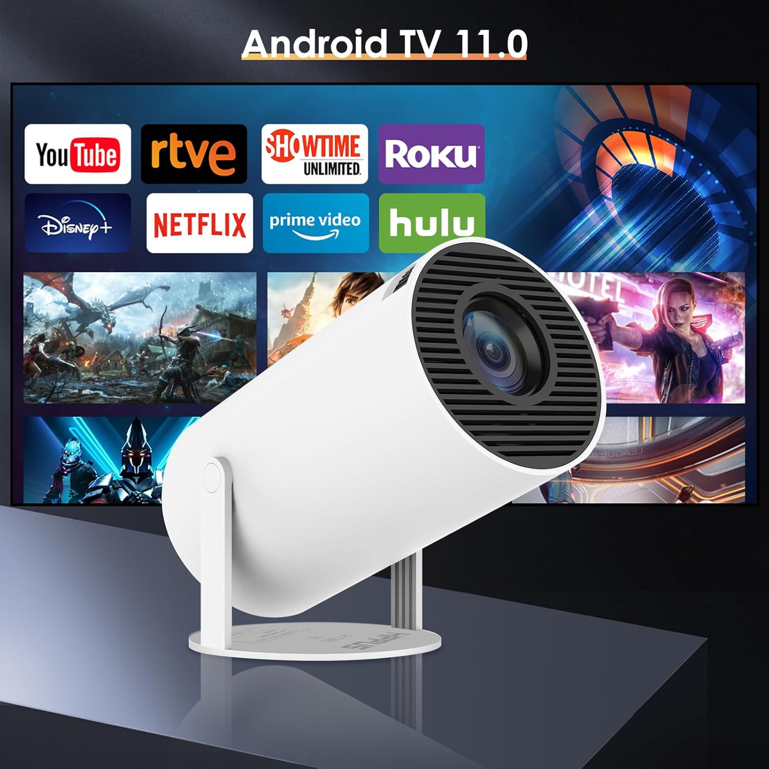Auto Keystone Proyector inteligente con Android TV 11.0 HIPPUS, proyector Bluetooth WiFi 5G compatible con 4K, mini proyector de películas portátil