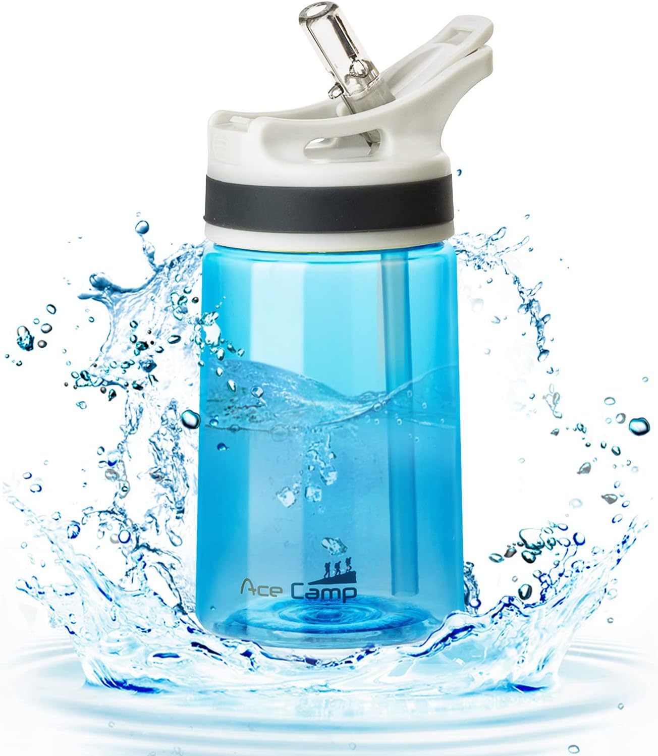 AceCamp Botella de agua pequeña de 12 onzas con popote para niños y adultos, sin BPA, botella deportiva de Tritan a prueba de fugas, color azul