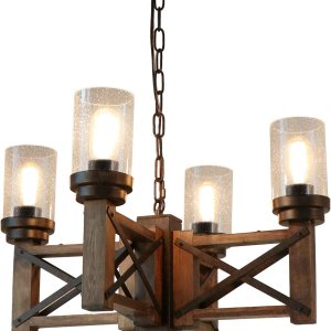 Lámpara de araña rústica de madera con 4 luces con pantallas de cristal, lámpara colgante de mesa de comedor industrial de 22.8 pulgadas, lámpara Lámpara de araña rústica de madera con 4 luces con pantallas de cristal, lámpara colgante de mesa de comedor industrial de 22.8 pulgadas, lámpara