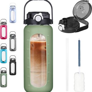 BLUEGO Botellas de agua de vidrio de 56 onzas con marcador de tiempo y pajilla, botella de agua motivacional grande de medio galón con funda de BLUEGO Botellas de agua de vidrio de 56 onzas con marcador de tiempo y pajilla, botella de agua motivacional grande de medio galón con funda de