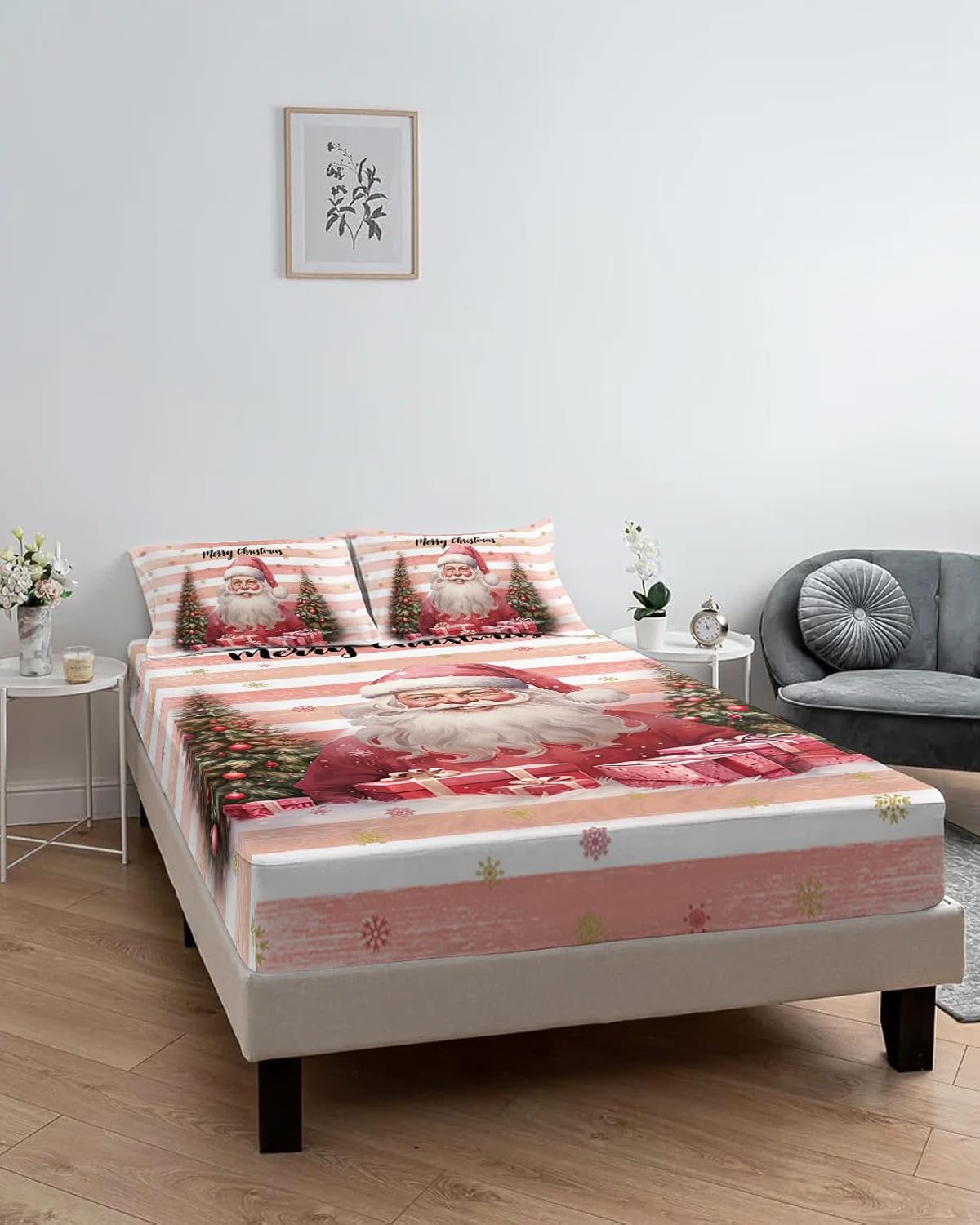 Sábana bajera tamaño Queen con bolsillos profundos, diseño de árbol de Navidad de Papá Noel, rosa y blanco, funda de colchón de microfibra cepillada