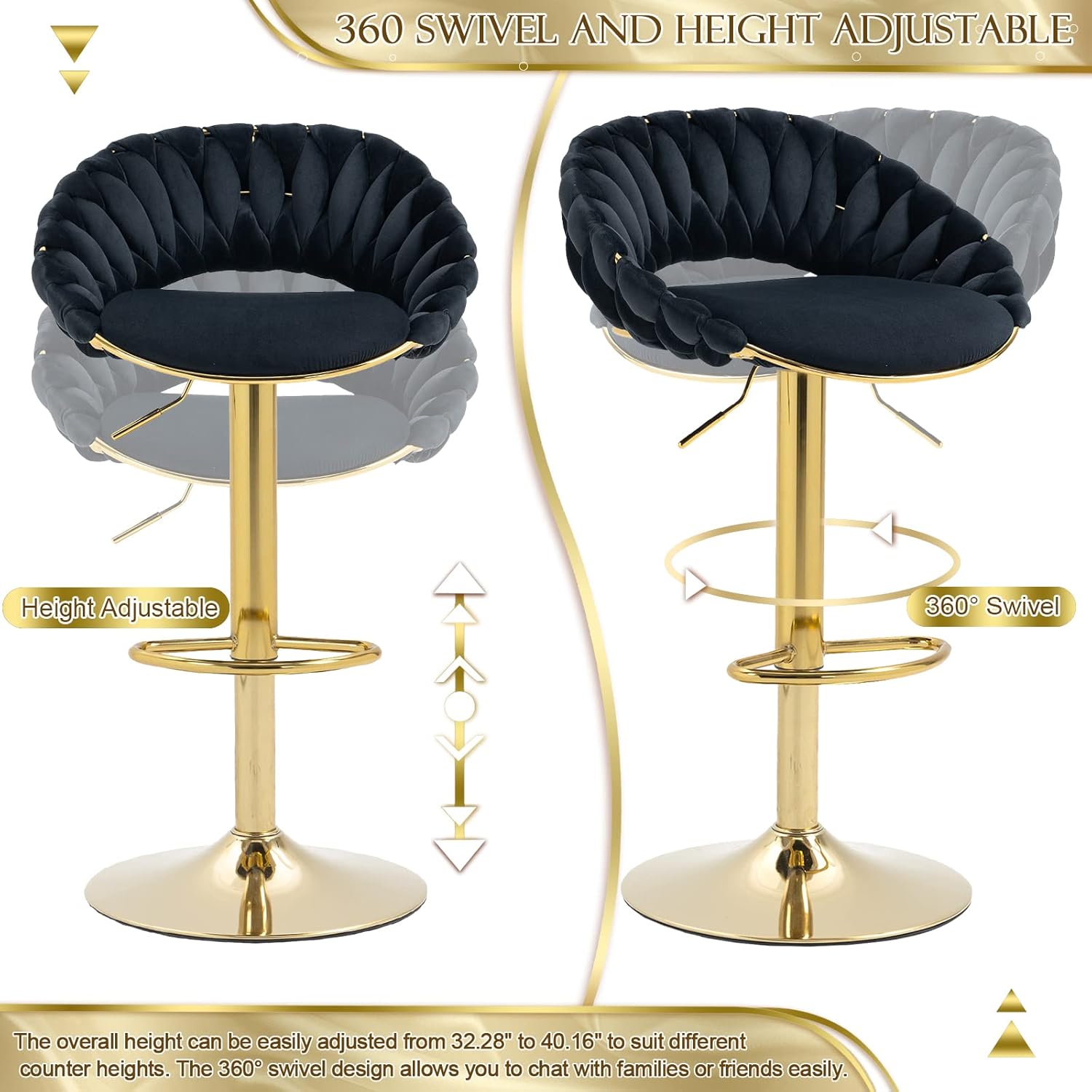 Juego de 2 taburetes de bar giratorios de terciopelo, sillas de bar modernas ajustables con respaldo tejido hueco, taburete de bar dorado de lujo,