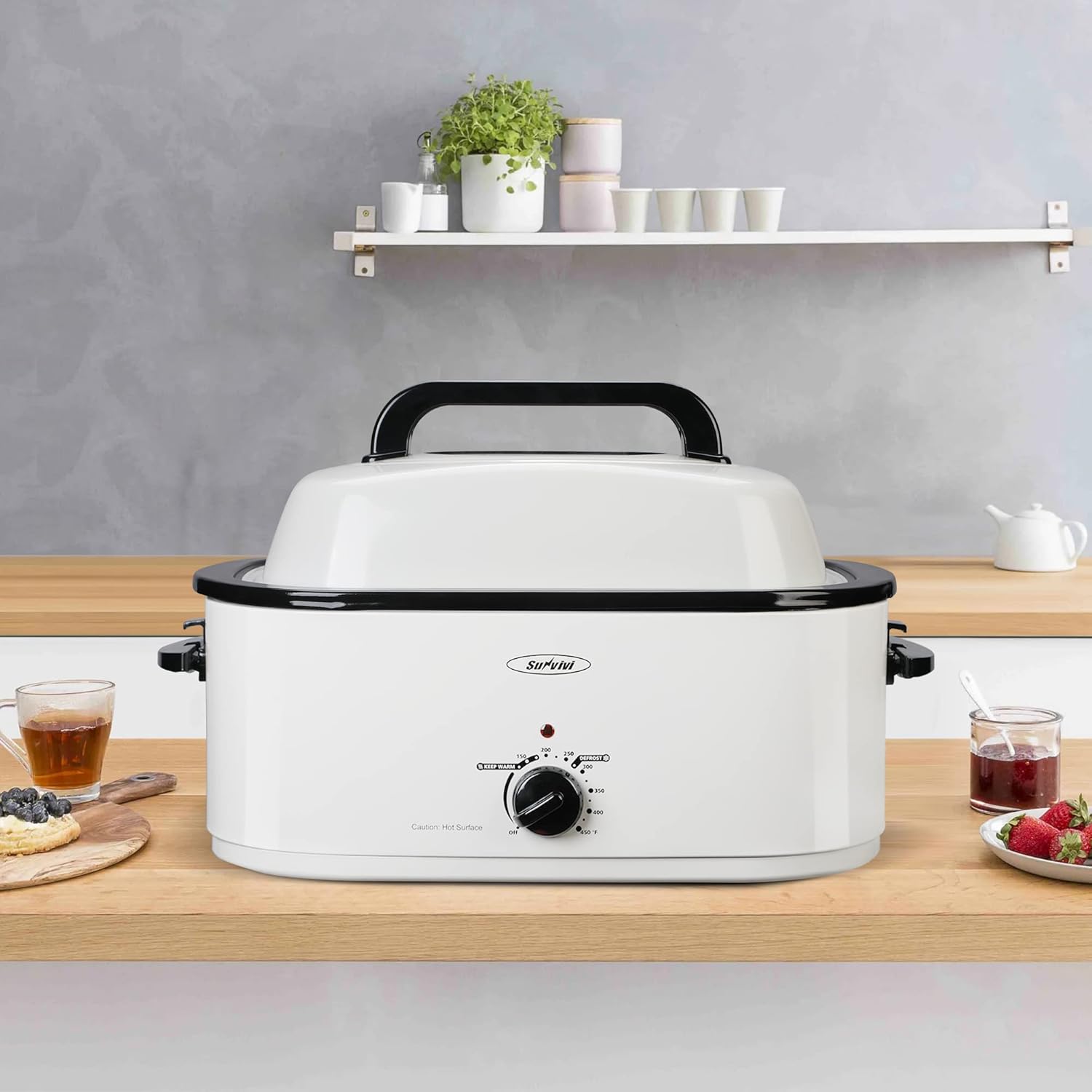 Sunvivi – Horno asador eléctrico de 22 cuartos de galón con tapa de vidrio visible, tostador eléctrico con bandeja y estante extraíbles, control de