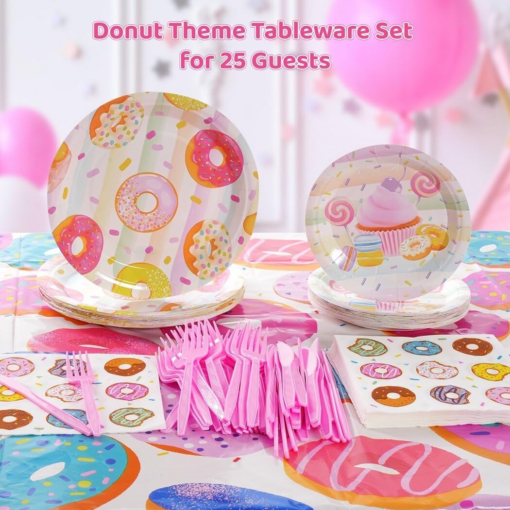 Juego de vajilla de 126 piezas para fiesta de donas, decoración de fiesta de donas, juego de vajilla de papel con platos desechables, servilletas,