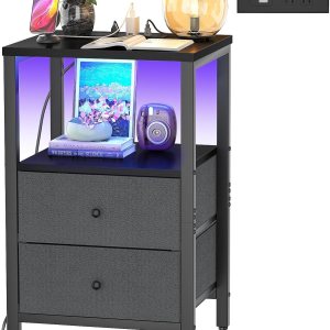 Cyclysio Mesita de noche con estación de carga y luces LED, mesita de noche con cajones, mesitas de noche de 25.6 pulgadas con almacenamiento para Cyclysio Mesita de noche con estación de carga y luces LED, mesita de noche con cajones, mesitas de noche de 25.6 pulgadas con almacenamiento para