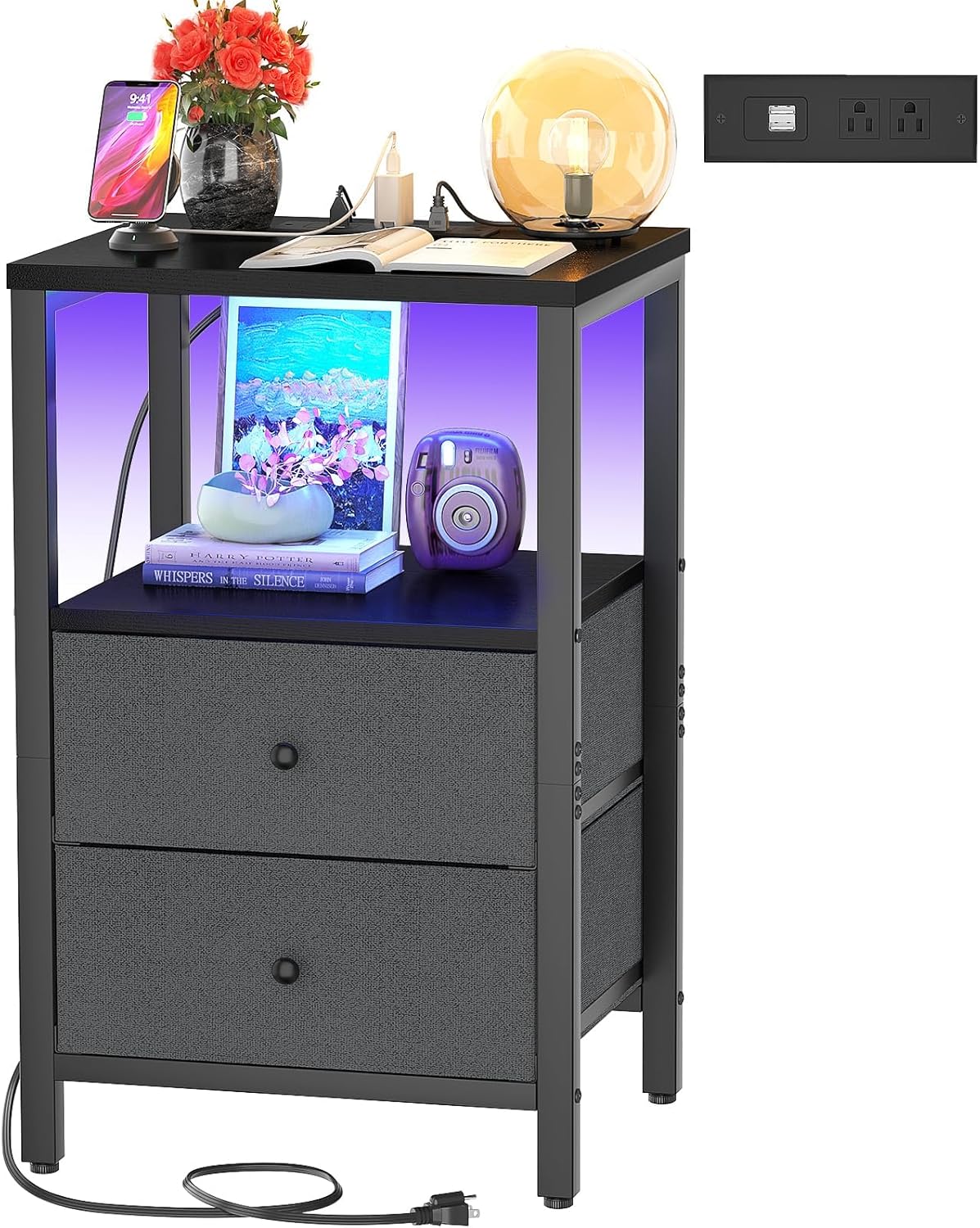 Cyclysio Mesita de noche con estación de carga y luces LED, mesita de noche con cajones, mesitas de noche de 25.6 pulgadas con almacenamiento para