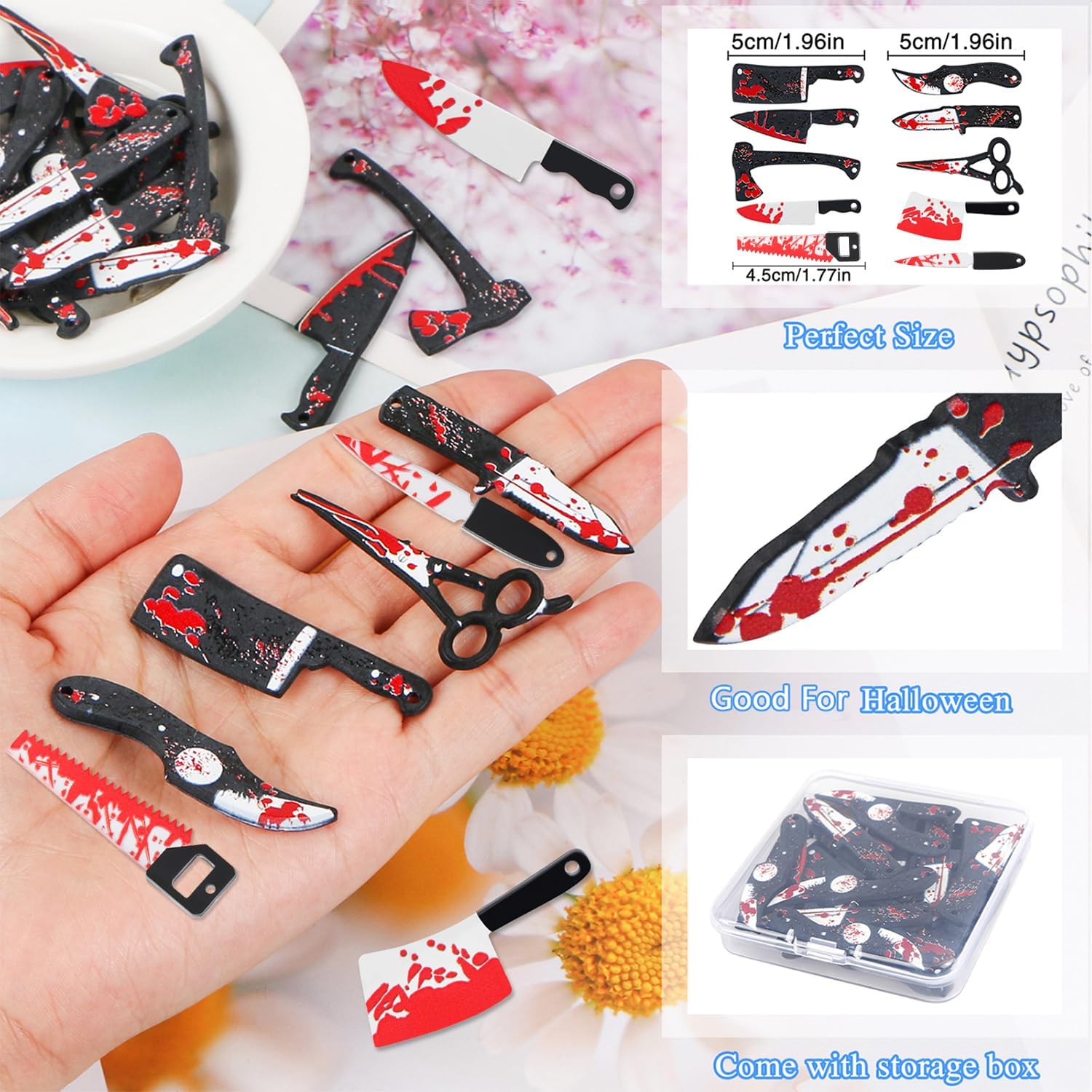 32 dijes de cuchillos falsos, dijes de Halloween, mini cuchillos de resina para mujeres, manualidades, manualidades, cuchillos falsos con caja, 10