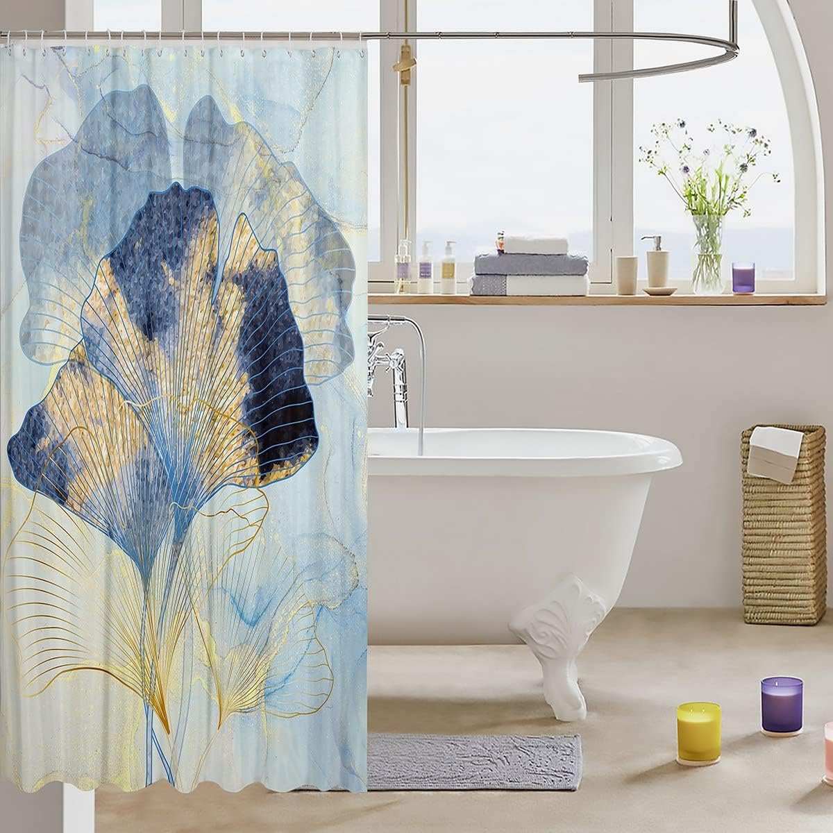 Castle Fairy Cortinas de ducha de hojas de ginkgo, moderna cortina de baño azul fluida de mármol, hojas doradas de lujo, juego de decoración de baño