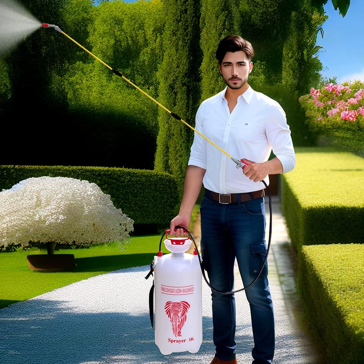 CLICIC Pulverizador portátil de 4 galones (16L) para césped y jardín con cuatro postes de pulverización con un total de 52 pulgadas de longitud