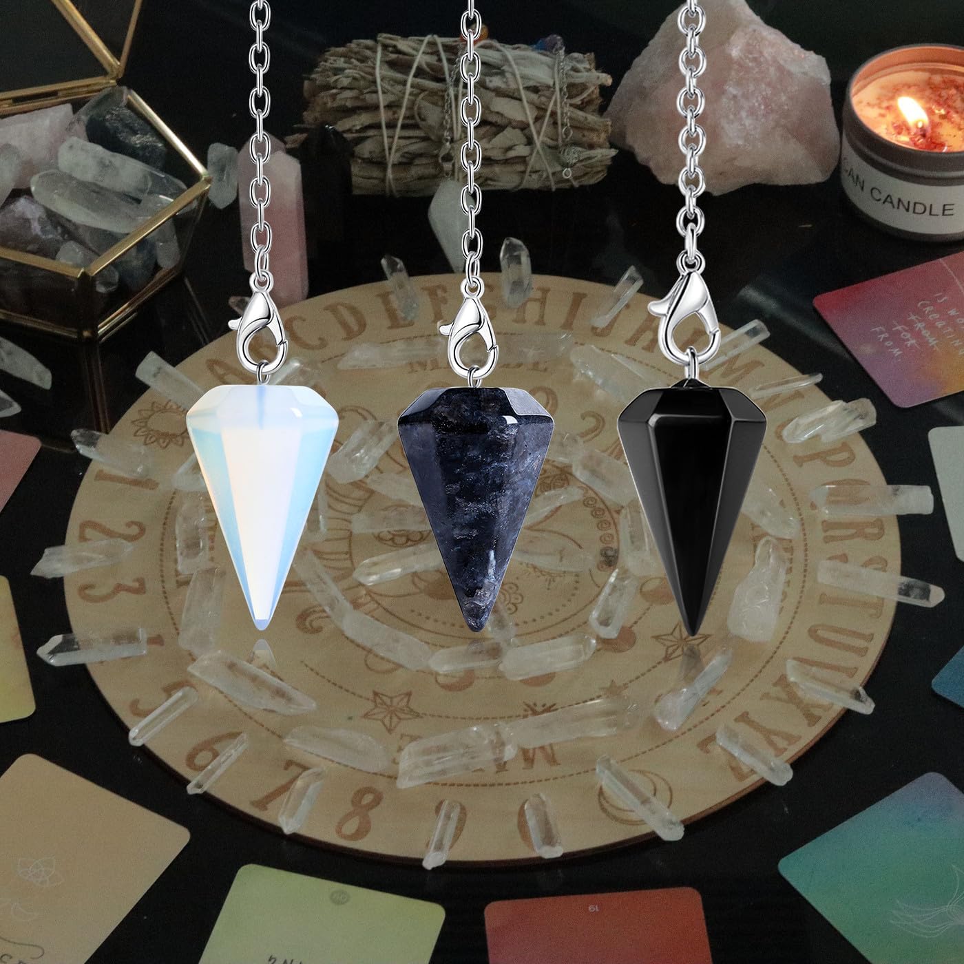 DUQGUHO Juego de 3 péndulos de cristal de brujería, accesorios Wiccan, herramientas de adivinación, ópalo natural, labradorita, obsidiana, cristal