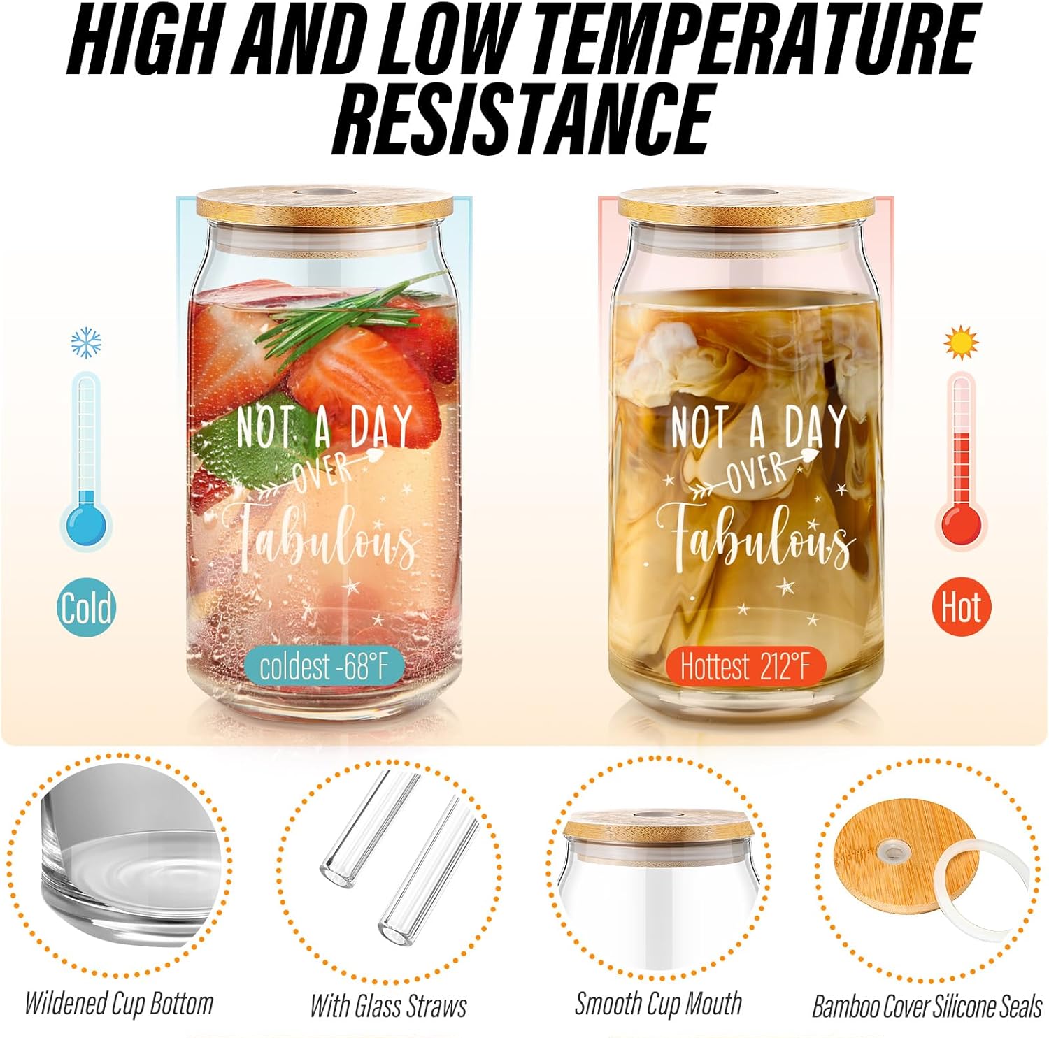Nuanchu Vasos de vidrio para cumpleaños, regalos con tapa y pajilla, regalos de 16, 21, 30, 40 y 50 años, tazas de vidrio de café transparentes para