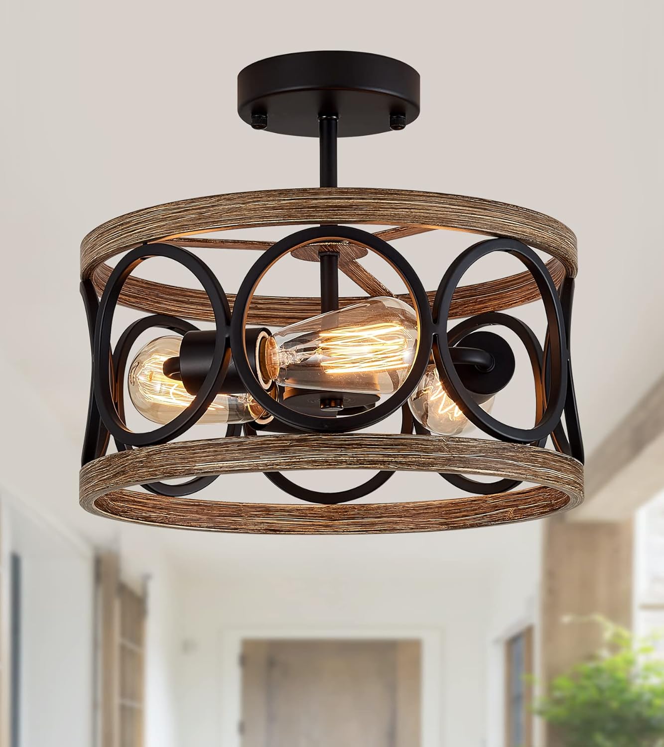 Lámparas de techo de estilo rústico de montaje semiempotrado, 3 luces negras y acabado de madera retro, pantalla de tambor, lámparas rústicas para