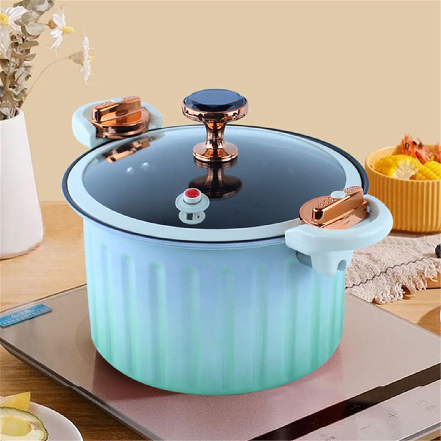 Olla a presión de 8 litros, sartenes micro braiser, olla de presión antiadherente con revestimiento de esmalte, con tapa, sello de silicona, válvula