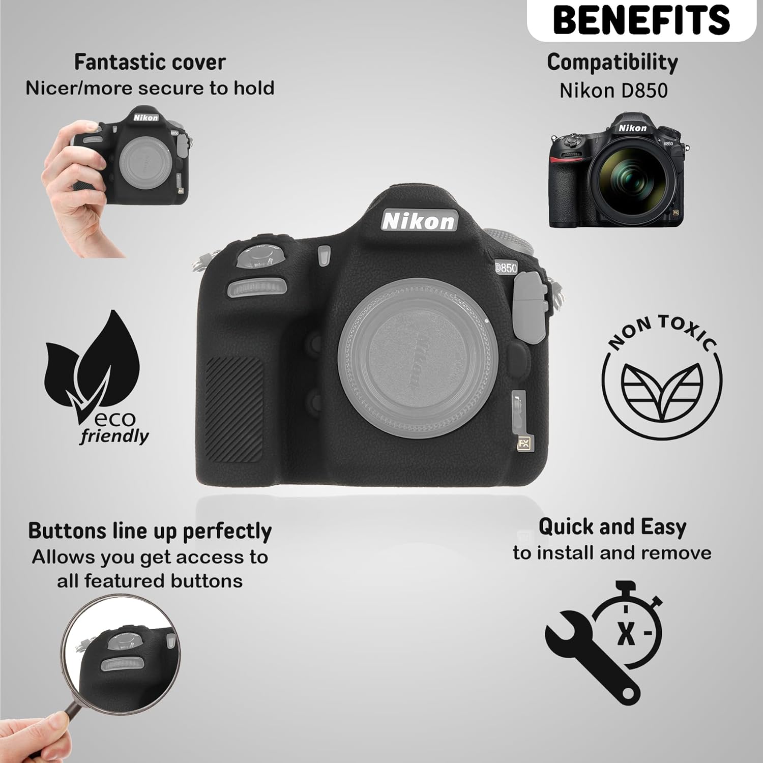 STSEETOP Funda de cámara para Nikon D850 – Funda protectora de silicona para DSLR, jaula desmontable, a prueba de golpes, a prueba de polvo (negro)