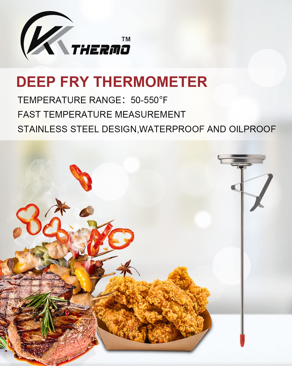 KT THERMO Termómetro de caramelofritura con lectura instantánea, termómetro de aceite (paquete de 2), termómetro de cocina de carne de acero