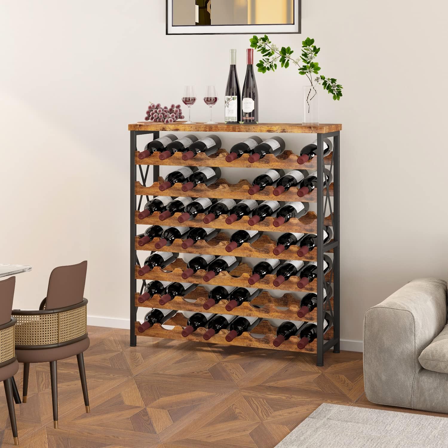 Homeiju Estante de vino independiente para 56 botellas, estante de almacenamiento de madera para vino, estante apilable para botellas de vino con