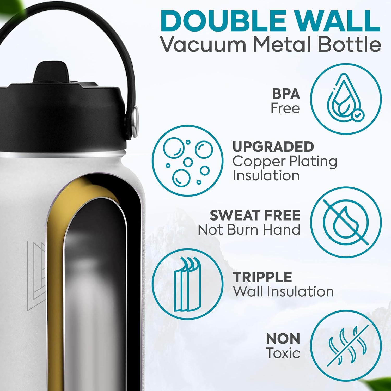 Botella de agua deportiva de acero inoxidable – 40 onzas, 2 tapas (tapa con pajilla), botella de agua aislada al vacío con 2 tapas (tapa con