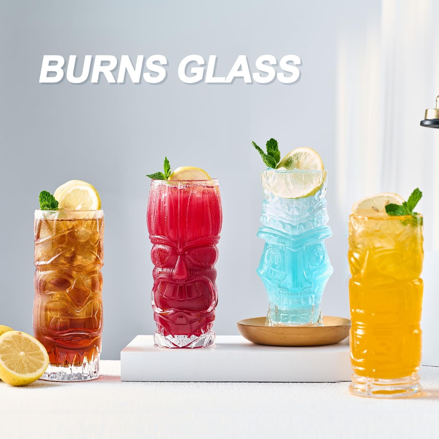 Tiki – Juego de 4 vasos Tiki transparentes de 16 onzas para cóctel, tazas Tiki tropicales modernas, cristalería, ideal para fiestas de tiki bar,
