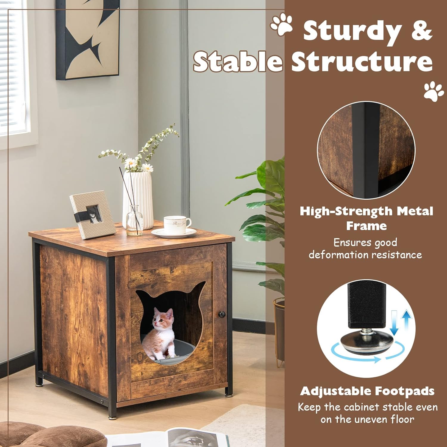 PETSITE Caja de arena, gabinete de baño para gatos con marco de metal, mesa auxiliar cerrada para gatos, mesita de noche, caja de arena oculta,