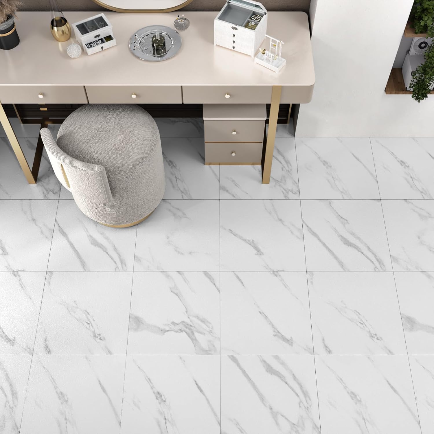 WESTICK Azulejos de suelo blancos para despegar y pegar, 20 azulejos de mármol para despegar y pegar, impermeables, suelos de vinilo autoadhesivos
