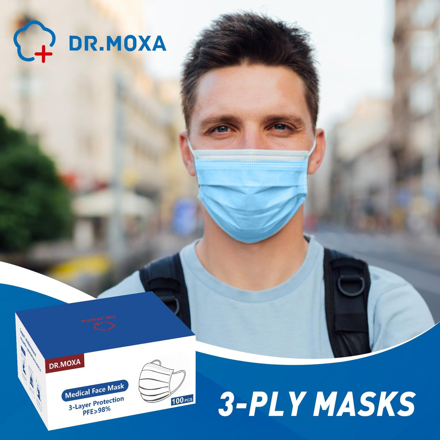 Paquete de 500 mascarillas médicas desechables transpirables de 3 capas para protección, color azul, fabricadas en Estados Unidos