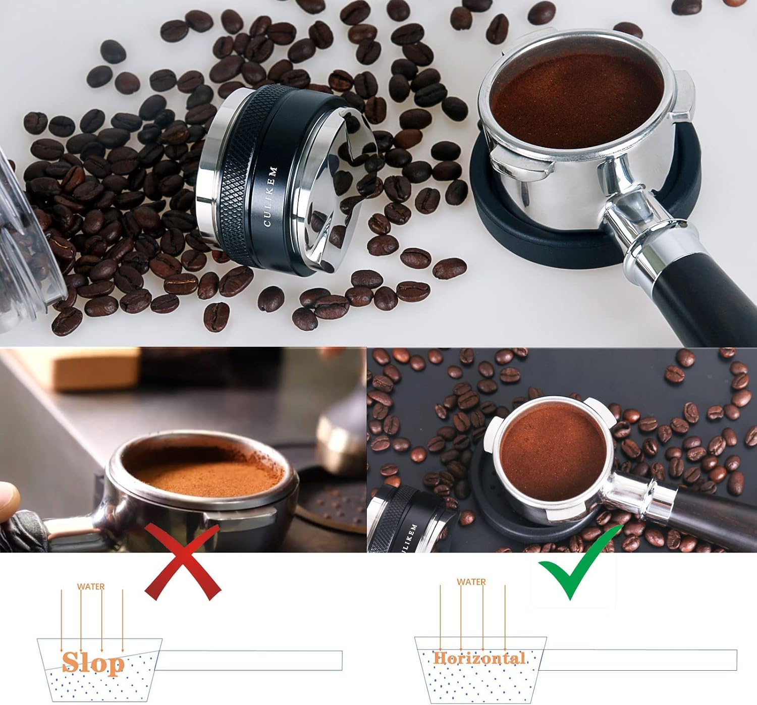 -Herramienta distribuidora de café expreso de 2.283 in – Nivelador de espresso de doble cabezal para portafiltros de 2.283 in, manipulador de manos