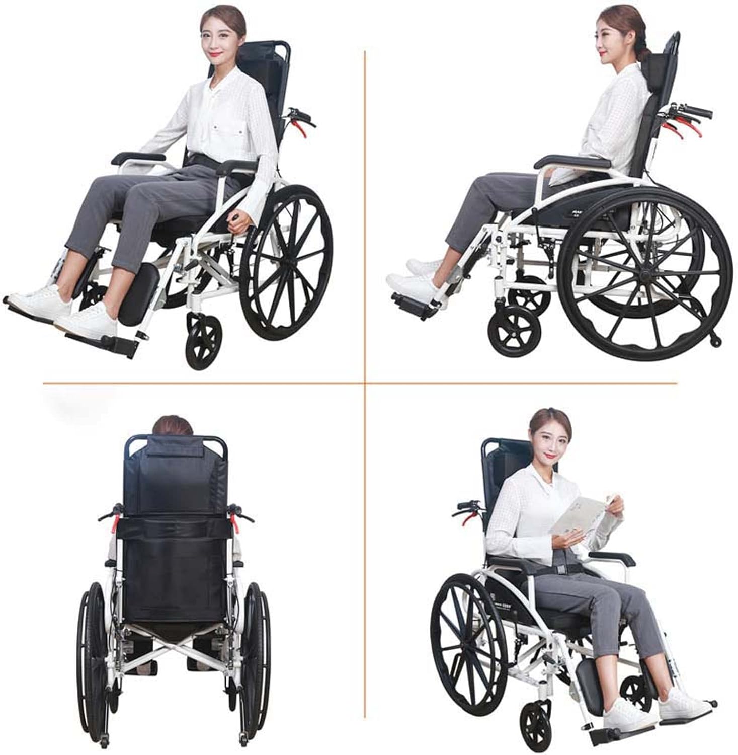 Silla de ruedas reclinable completa para adultos, sillas de ruedas plegables ligeras, respaldo alto y reposacabezas extraíbles, silla de ruedas