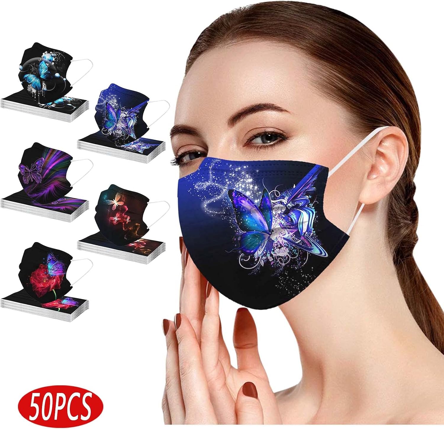 Rowa Paquete de 50 mascarillas desechables de mariposa para adultos con diseño, 3 capas protectoras transpirables para mujeres y hombres con alambre