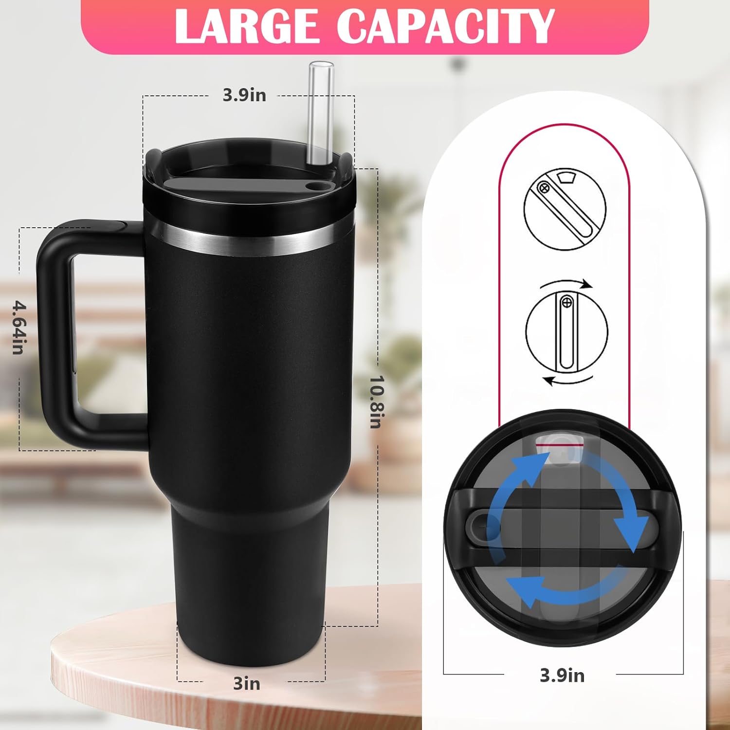 BELYQLY Vaso aislado al vacío de acero inoxidable de 40 onzas con tapa y popote para agua, batidos y más, té helado o café (negro)