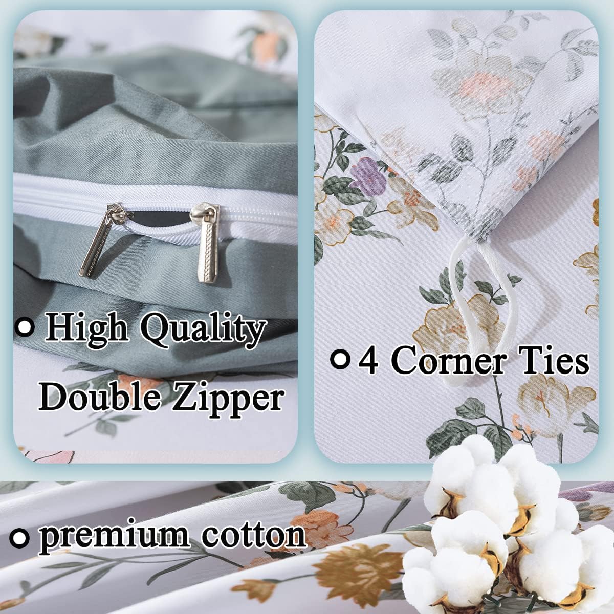 FADFAY Juego de funda de edredón tamaño individual XL, ropa de cama floral de algodón percal de 600 hilos, ropa de cama suave reversible con