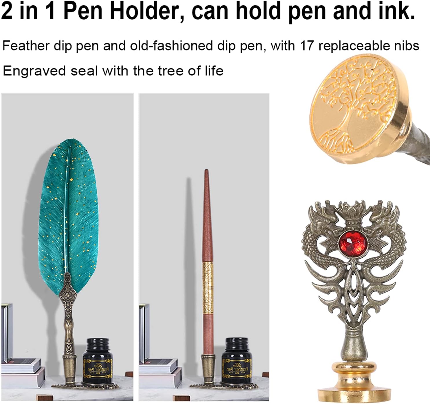 Juego de tinta para caligrafía de plumas, incluye bolígrafo y bolígrafo de inmersión de madera, tinta, 17 puntas de repuesto, base para bolígrafo, 3