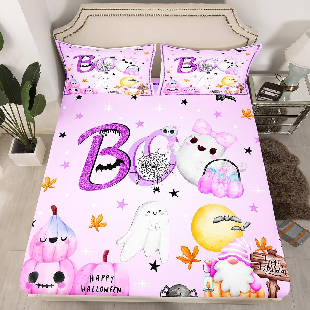 Juego de sábanas Kawaii de fantasma, tamaño King, juego de ropa de cama de Halloween morado de 4 piezas para decoración de habitación de niños y
