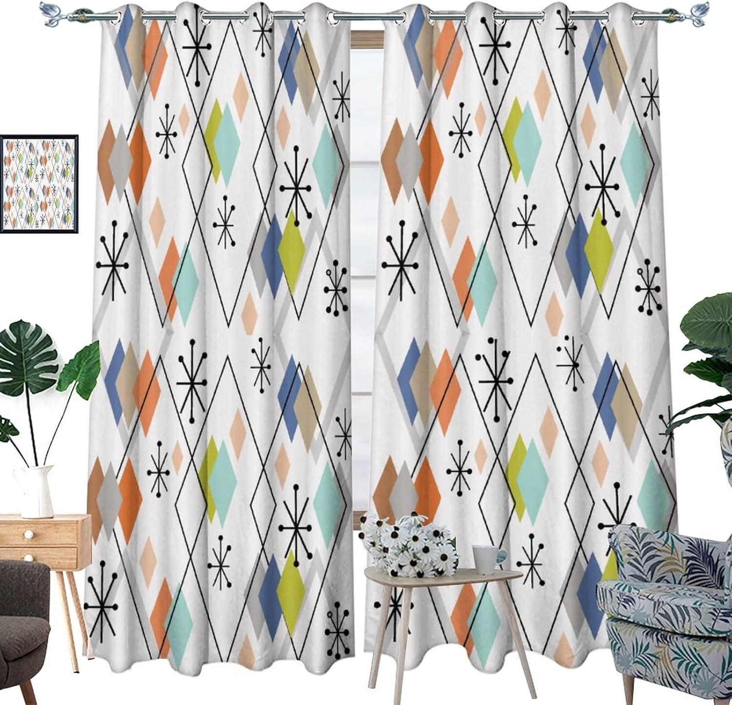 Europen – Cortinas opacas modernas de mediados de siglo, fondo abstracto, estampado de diamantes coloridos de mediados de siglo, tratamiento de