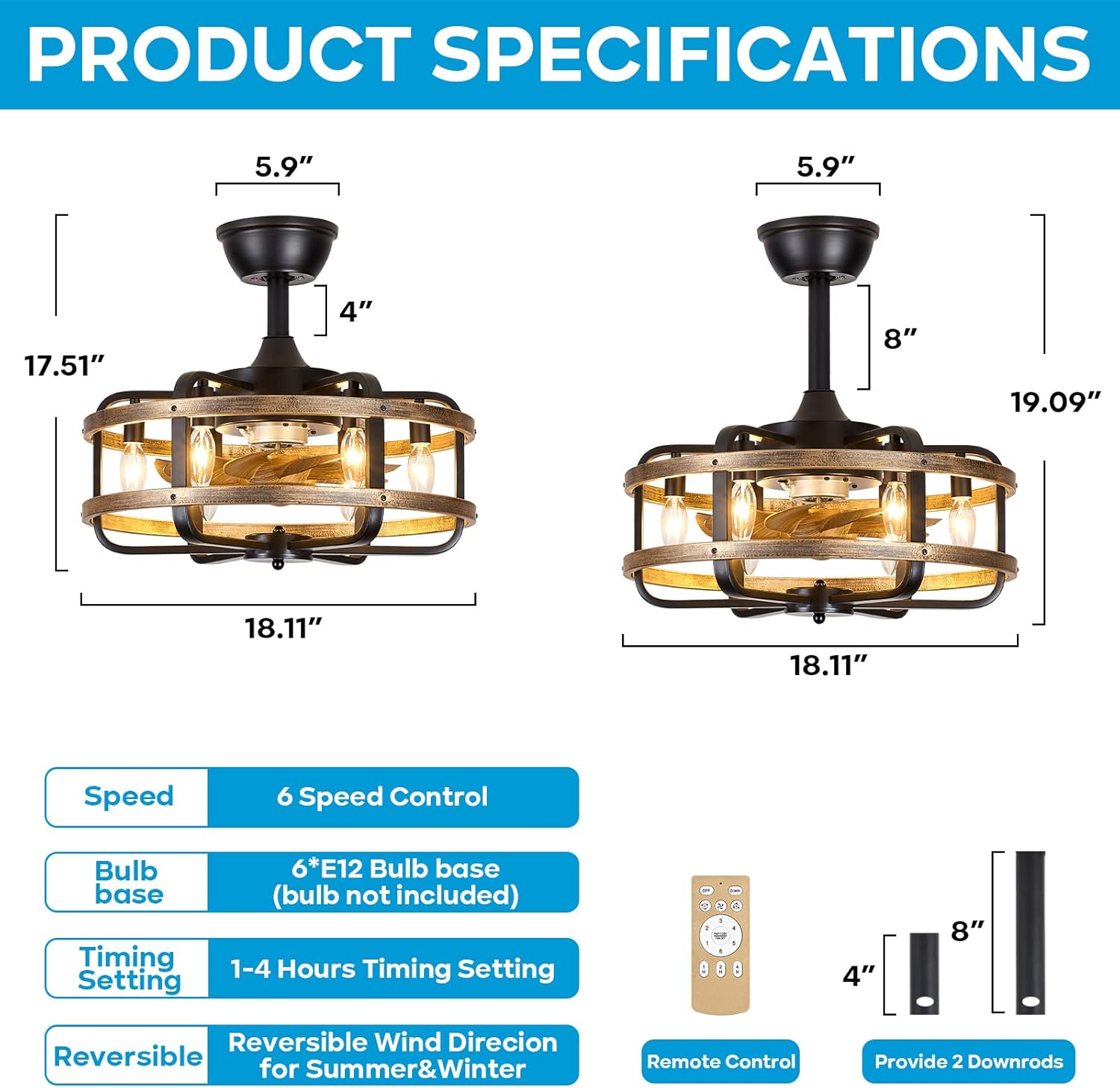 Luupyia Ventiladores de techo tipo jaula con luces y control remoto de 6 velocidades reversibles, ventilador de techo rústico de 18 pulgadas con luz