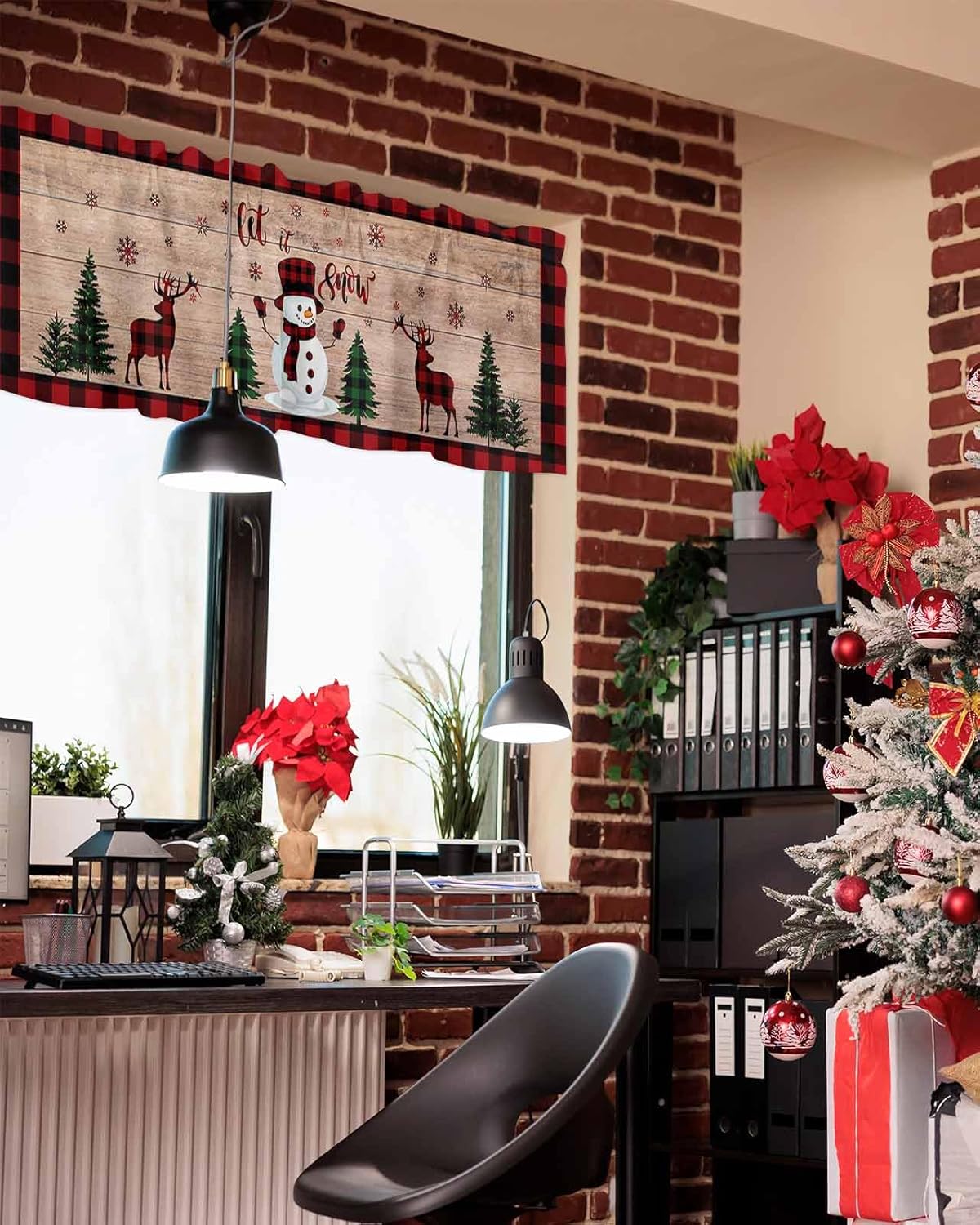 Cenefa de cortina de cocina con diseño de muñeco de nieve de Navidad, cenefa de ventana con bolsillo para barra, 1 panel de cenefas para sala de