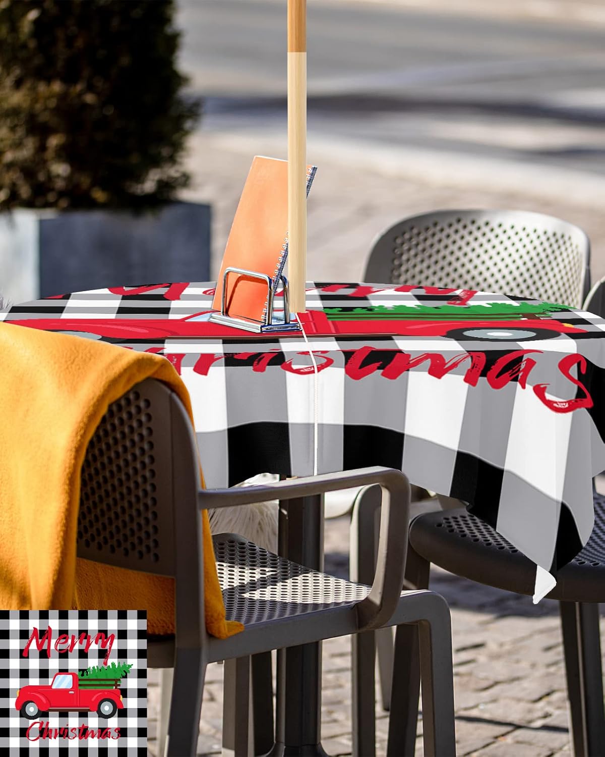 Outdoor Tablecloth with Umbrella Hole 54 x 54 Inch, Merry Christmas Farmhouse Red Xmas Truck Black White Buffalo Plaid Square Zippered Waterproof