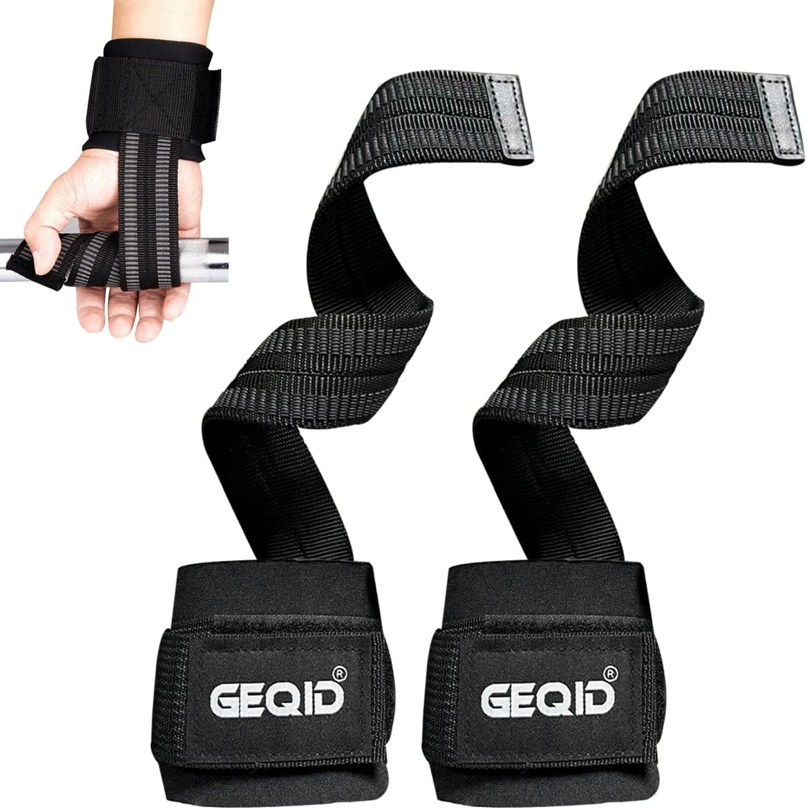 GEQID – Correas de levantamiento para levantamiento de pesas, muñequera y correas de agarre 2 en 1, correas de muñeca para barra de entrenamiento de
